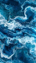Poster - Surreal aerial view of ocean waves forming intricate patterns, vibrant blues and whites, high perspective, dynamic textures