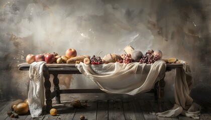 Poster - Still life of fresh fruits on a rustic wooden table, soft natural light, vibrant and colorful composition, clean and simple aesthetic