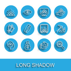 Poster - Set line Gold bars, Old money bag, nugget, ring, mining and Safe with gold icon. Vector