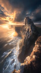 Wall Mural - Dramatic coastal cliffs at sunrise with golden light reflecting off the ocean, bold and powerful mood, expansive view