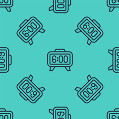 Poster - Black line Digital alarm clock icon isolated seamless pattern on green background. Electronic watch alarm clock. Time icon. Vector