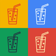 Poster - Pop art line Glass with water icon isolated on color background. Soda glass. Vector