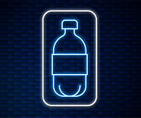 Wall Mural - Glowing neon line Bottle of water icon isolated on brick wall background. Soda aqua drink sign. Vector