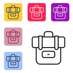 Poster - Black line Hiking backpack icon isolated on white background. Camping and mountain exploring backpack. Set icons in color square buttons. Vector