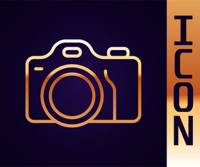 Poster - Gold line Photo camera icon isolated on black background. Foto camera. Digital photography. Vector