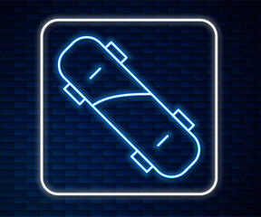 Wall Mural - Glowing neon line Skateboard icon isolated on brick wall background. Extreme sport. Sport equipment. Vector