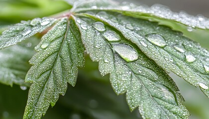 Poster - Detailed macro shot of dew-covered leaves, vibrant green tones, sharp focus on water droplets, soft diffused light creating a serene mood