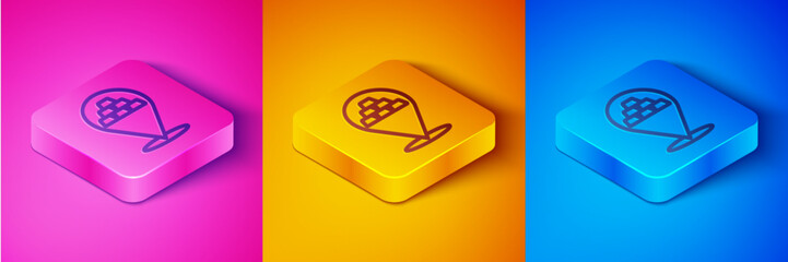 Poster - Isometric line Gold bars icon isolated on pink and orange, blue background. Banking business concept. Square button. Vector