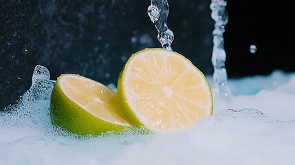 Wall Mural - Freshly cut lime halves being splashed with water, surrounded by bubbles in a vibrant scene