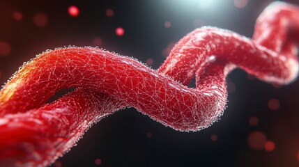 Wall Mural - Closeup view of a three dimensional, red, spiral shaped molecular structure. The structure appears textured, with small, light colored particles