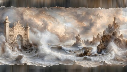 Wall Mural - Dramatic ocean storm with crashing waves against jagged cliffs, intense light breaking through dark storm clouds, powerful and cinematic energy