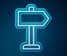 Poster - glowing neon line road traffic sign. signpost icon isolated on blue background. pointer symbol. isol