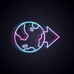 Canvas Print - Glowing neon line Location on the globe icon isolated on black background. World or Earth sign. Vector