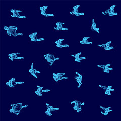 Poster - A blue background with many people in various poses. The people are all wearing blue and are in different positions. The image has a lively and energetic feel to it