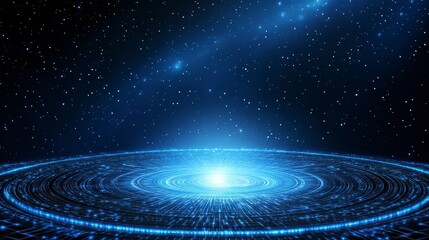 Wall Mural - A stylized, detailed view of a spiral galaxy, showcasing intricate patterns of glowing blue and white elements, against a dark night sky filled with