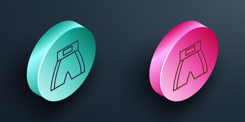 Wall Mural - Isometric line Boxing short icon isolated on black background. Turquoise and pink circle button. Vector