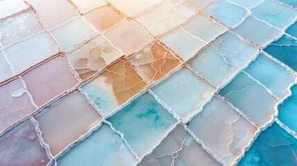 Poster - Vibrant aerial view of colorful salt flats, geometric patterns, dreamy pastel hues, moody atmosphere, cinematic light