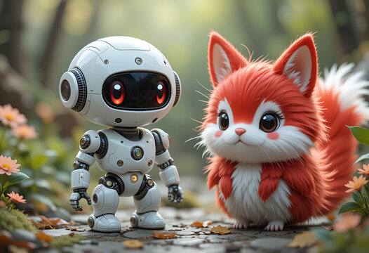 Cute animal and robot, Generated image, by AI, ai generate image