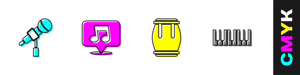 Poster - set microphone, music note, tone, drum and synthesizer icon. vector