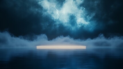 Fototapete - A serene, atmospheric scene featuring a glowing circular object above a tranquil water surface, surrounded by mist and dark, moody clouds.