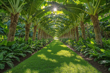 Wall Mural - Sunlit grassy path through banana tree archway in tropical garden