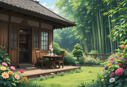 Table and chair in garden, Generated image, by AI, ai generate image