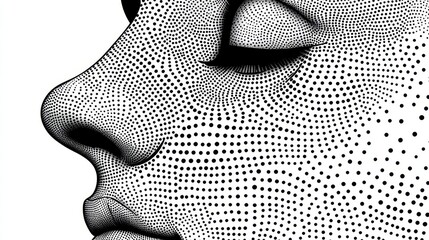 Poster - close up black and white portrait of a person's profile, rendered in a pointillist or stipple style.