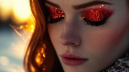 Wall Mural - Close-up shot of a woman wearing glitter eye makeup, perfect for beauty or lifestyle content