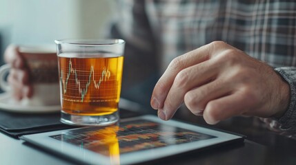 Poster - Close-up photo of a person holding a tablet and sipping a beer