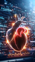 Poster - holographic visualization of a human heart beating in real time surrounded by a dynamic display of scientific data bio signals and futuristic digital interfaces