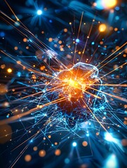 Poster - Holographic Nanotechnology Repairing Damaged Tissue through Microscopic Futuristic Medicine  Hyper detailed particles in deep blue sci fi lighting
