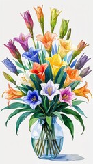 Wall Mural - Freesias in a Rainbow of Colors watercolor in Delightful Floral on plain white background