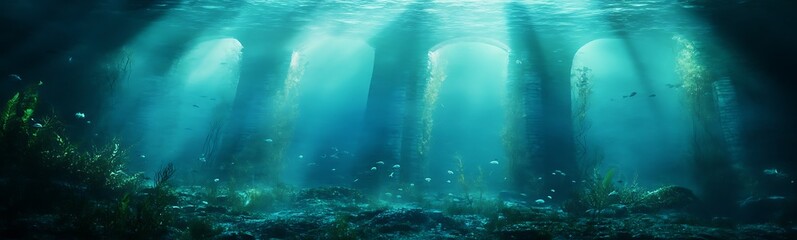 Aufkleber - A serene underwater scene with beams of light filtering through the water, illuminating marine life and lush vegetation.