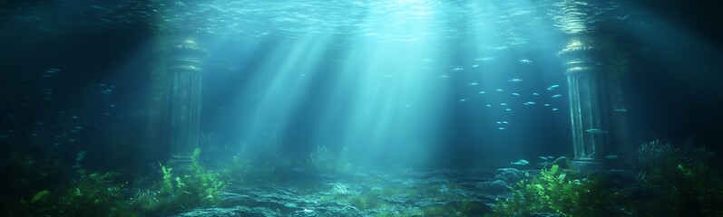 Aufkleber - An enchanting underwater scene with beams of light piercing through the water, illuminating aquatic plants and a serene ambiance.