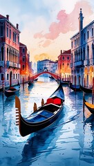 Wall Mural - Gondola Ride Through Venice at Night watercolor in Dreamy Cityscape on plain white background