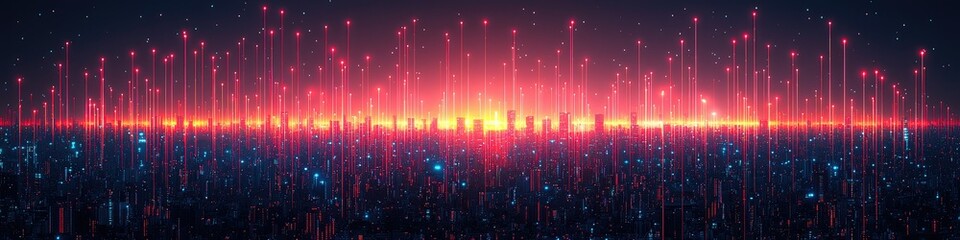 Poster - Digital Cityscape Illuminated By Red Data Streams