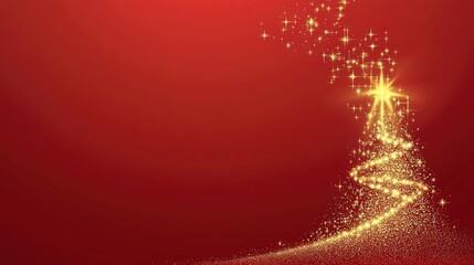 Wall Mural - red background with a golden christmas tree and glittering stars, perfect for festive holiday cards,