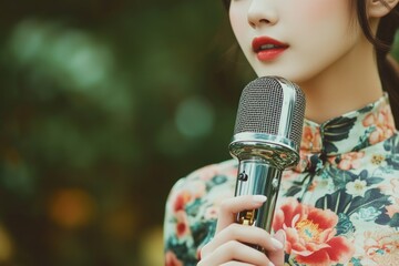 A woman wearing a floral dress holds a microphone, suitable for use in a presentation or performance