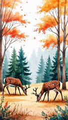 Canvas Print - Grazing Deer in an Autumn Forest watercolor in Woodland Landscape on plain white background