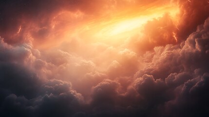 Aufkleber - A dramatic sky filled with swirling clouds illuminated by a vibrant orange light, creating a captivating and mystical atmosphere.