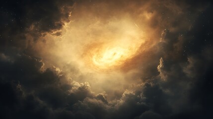 Poster - A dramatic cosmic scene featuring swirling clouds and a luminous, golden center, evoking a sense of wonder and the vastness of the universe.