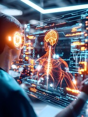 Poster - Futuristic holographic medical interface displaying detailed human anatomy with advanced scanning technology cinematic lighting sharp focus and ultra clear details