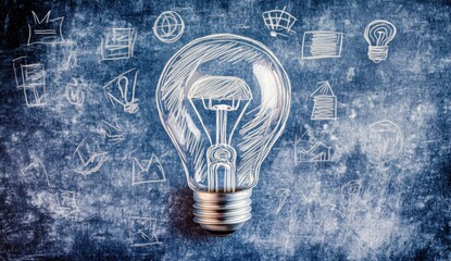 Poster - Creative light bulb illustration on textured blue background with hand-drawn sketches representing ideas, innovation, and inspiration for business concepts