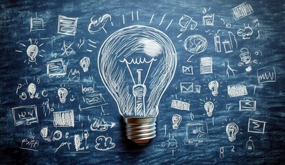 Poster - Creative chalkboard design with glowing light bulb and various business sketches and icons symbolizing innovative ideas and brainstorming concepts