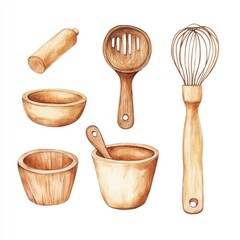 Set of wooden kitchen tools and whisk for cooking and baking