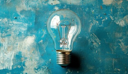 Poster - Vintage Light Bulb on an Aged Blue Wall with Textured Surface and Artistic Background for Creative and Design Projects