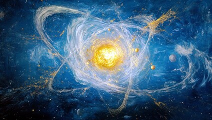 Poster - Dynamic Cosmic Energy Swirl with Golden Sun and Blue Galactic Background, Abstract Artistic Representation of Universe and Celestial Elements