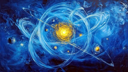 Poster - Abstract depictions of the universe featuring swirling blue and yellow colors, planets, stars, and celestial elements in a vibrant space-themed artwork