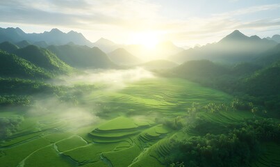 Poster - A breathtaking aerial view of lush green rice terraces surrounded by misty mountains under a glowing sunrise.