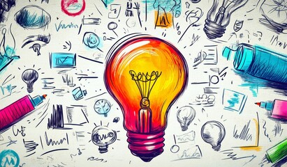 Poster - Creative Light Bulb Concept With Colorful Doodles And Illustrations Representing Ideas, Innovation, Inspiration, And Artistic Thoughts